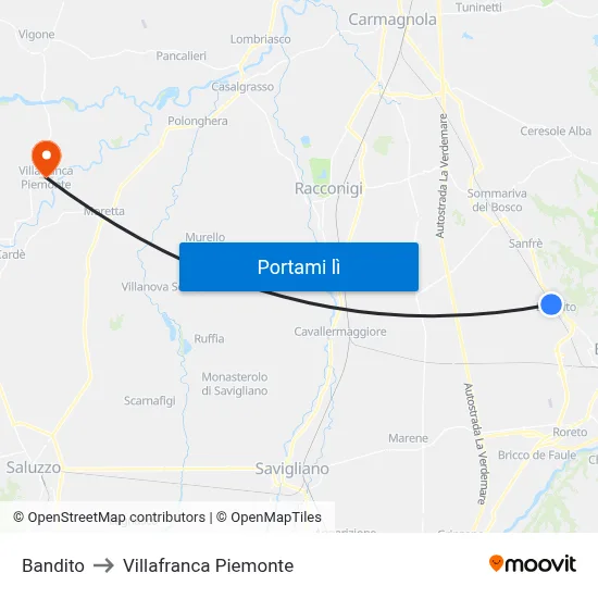 Bandito to Villafranca Piemonte map