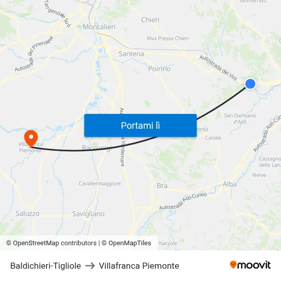 Baldichieri-Tigliole to Villafranca Piemonte map