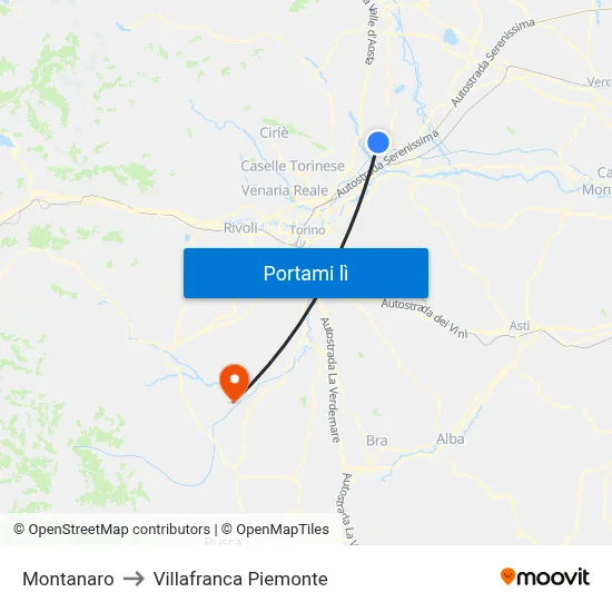 Montanaro to Villafranca Piemonte map