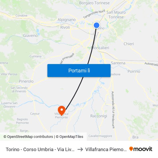 Torino - Corso Umbria - Via Livorno to Villafranca Piemonte map