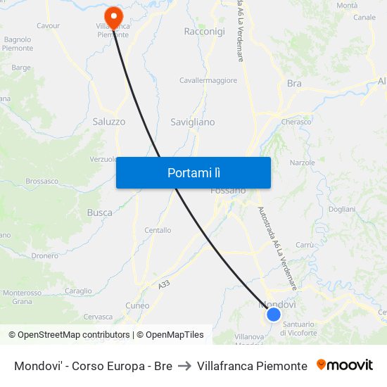 Mondovi' - Corso Europa  - Bre to Villafranca Piemonte map