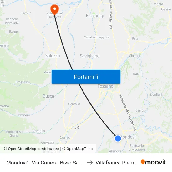 Mondovi' - Via Cuneo - Bivio Sant'Anna to Villafranca Piemonte map