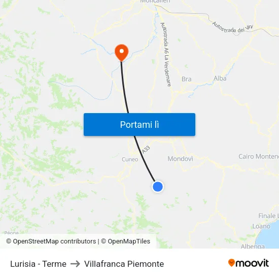 Lurisia - Terme to Villafranca Piemonte map