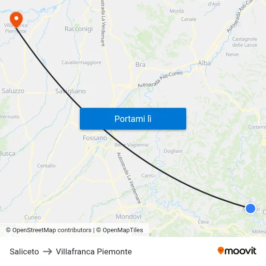 Saliceto to Villafranca Piemonte map