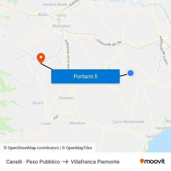 Canelli - Peso Pubblico to Villafranca Piemonte map