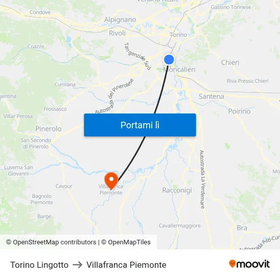 Torino Lingotto to Villafranca Piemonte map