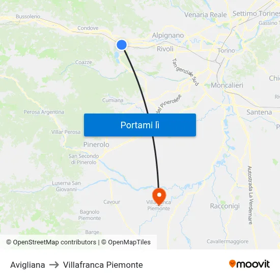 Avigliana to Villafranca Piemonte map