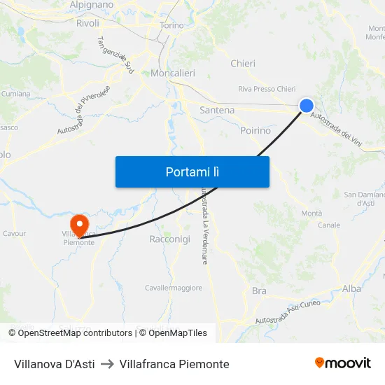 Villanova D'Asti to Villafranca Piemonte map