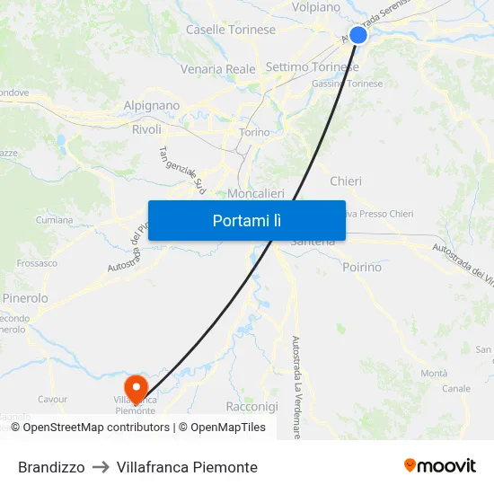 Brandizzo to Villafranca Piemonte map