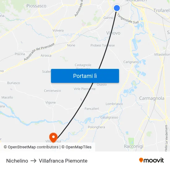 Nichelino to Villafranca Piemonte map