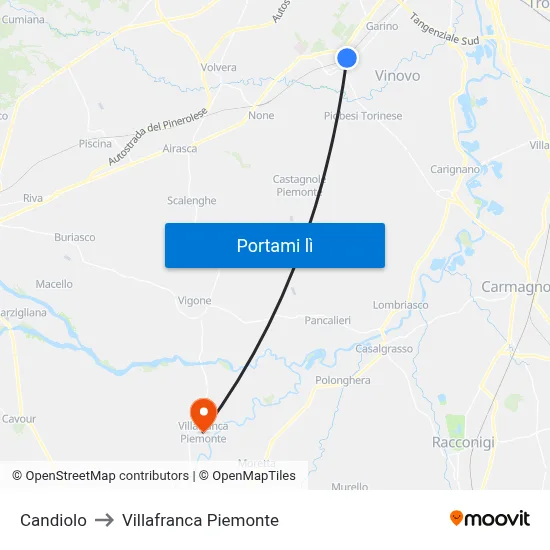 Candiolo to Villafranca Piemonte map