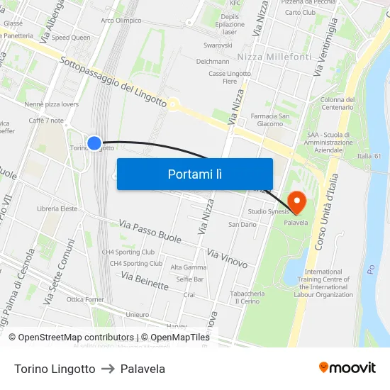 Torino Lingotto to Palavela map