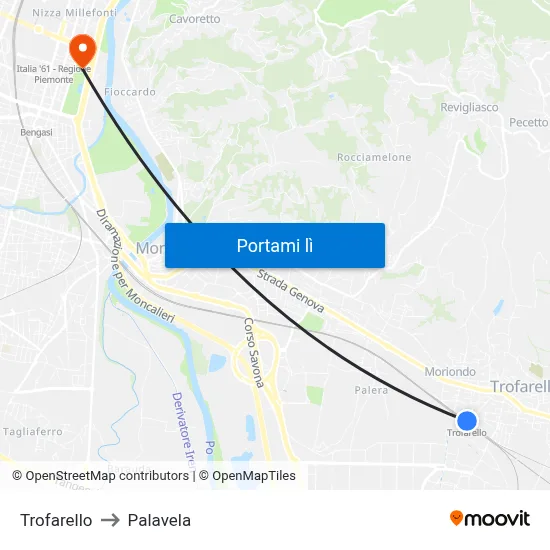 Trofarello to Palavela map