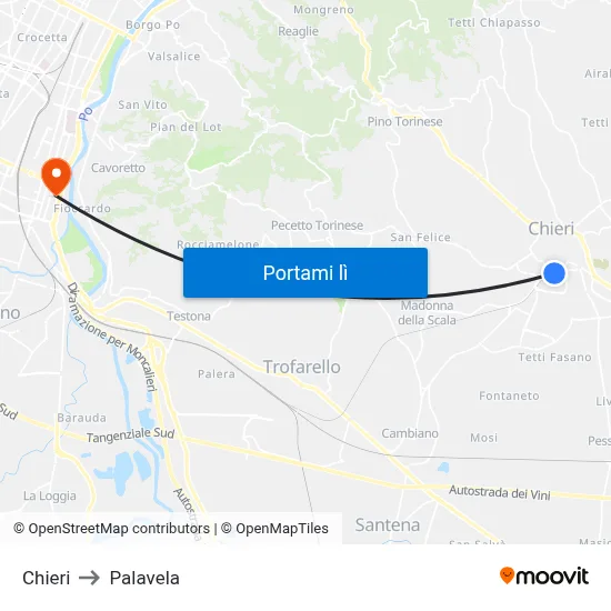 Chieri to Palavela map