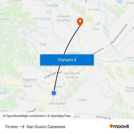 Tirreno to San Giusto Canavese map