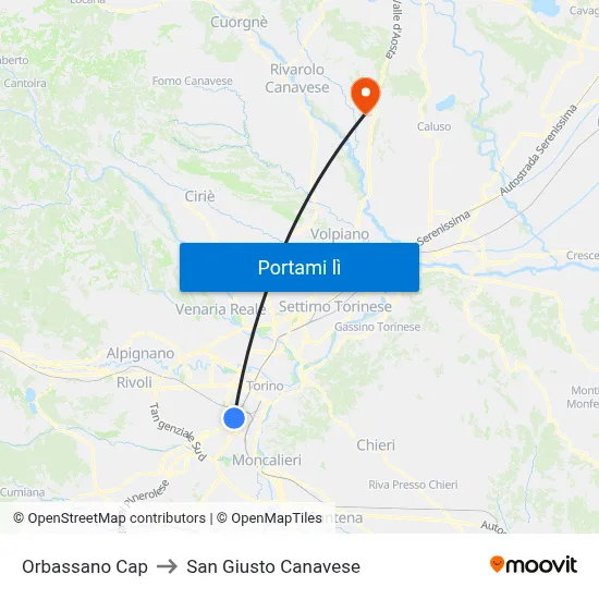 Orbassano Cap to San Giusto Canavese map