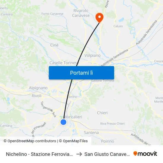 Nichelino - Stazione Ferroviaria to San Giusto Canavese map