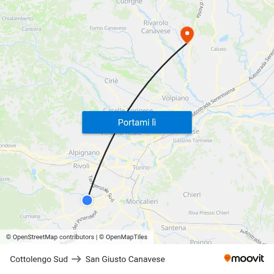 Cottolengo Sud to San Giusto Canavese map