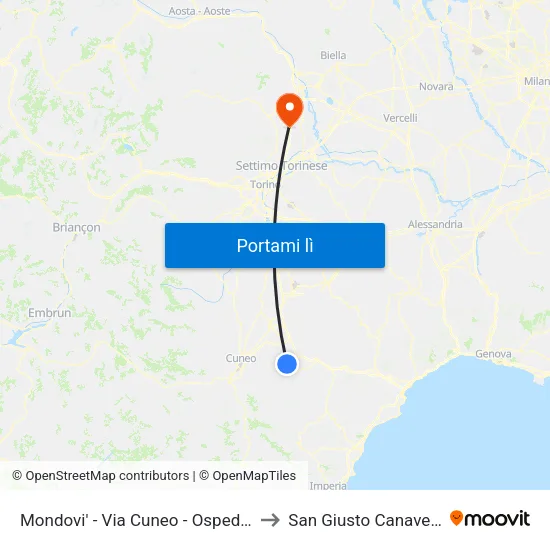 Mondovi' - Via Cuneo - Ospedale to San Giusto Canavese map