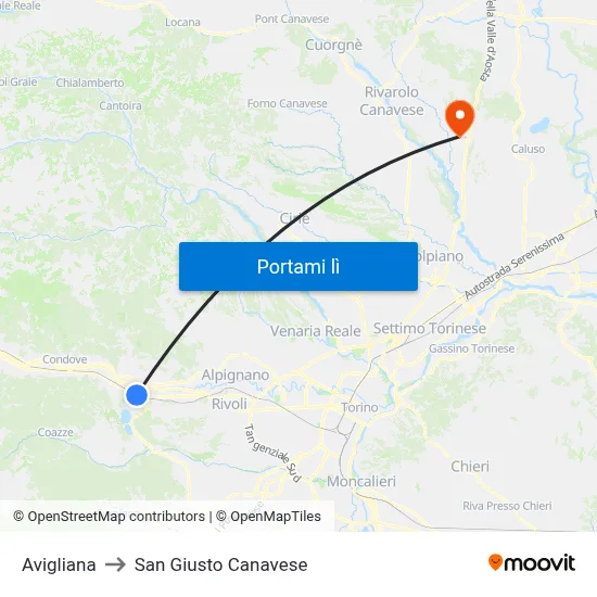 Avigliana to San Giusto Canavese map
