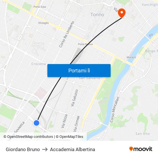 Giordano Bruno to Accademia Albertina map