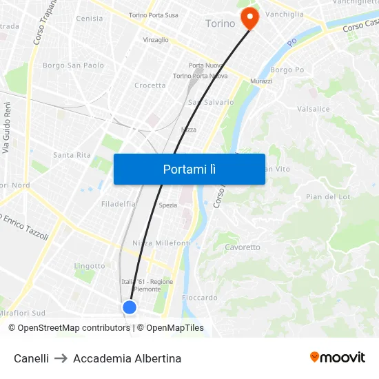 Canelli to Accademia Albertina map