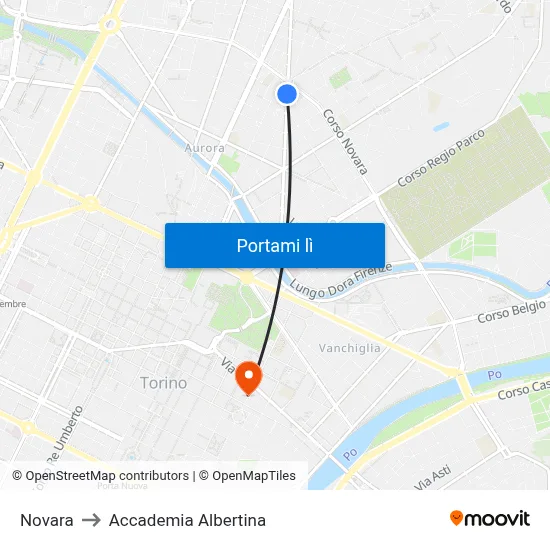Novara to Accademia Albertina map