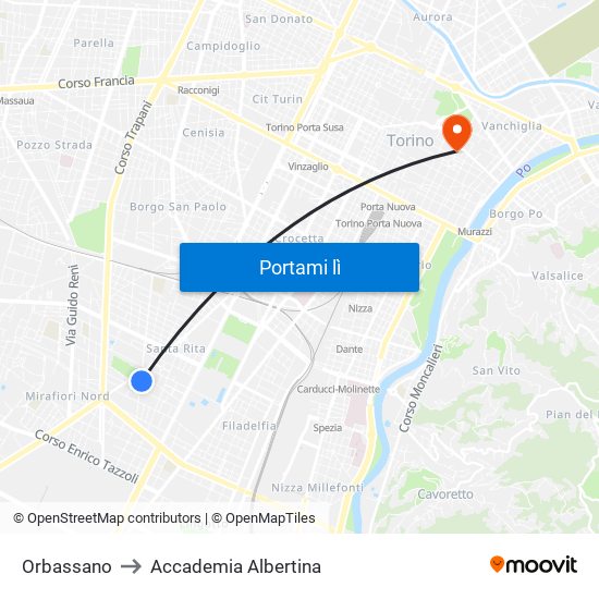 Orbassano to Accademia Albertina map