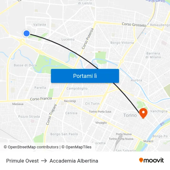 Primule Ovest to Accademia Albertina map