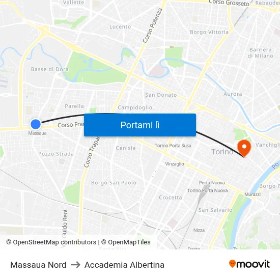 Massaua Nord to Accademia Albertina map