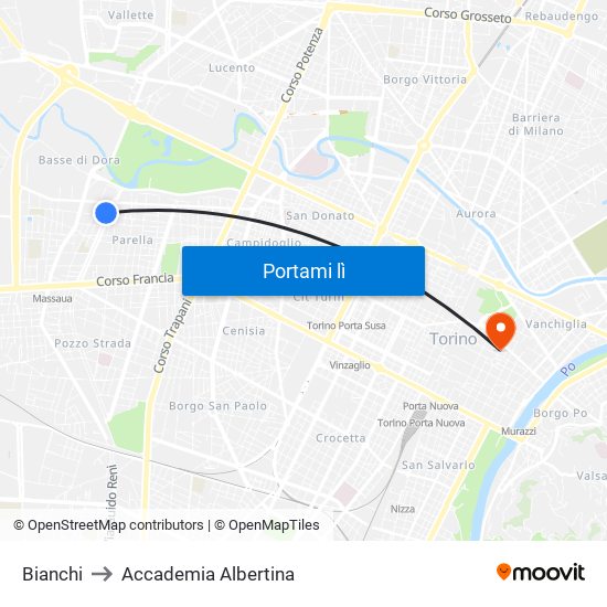 Bianchi to Accademia Albertina map