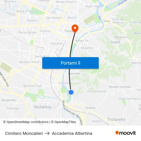 Cimitero Moncalieri to Accademia Albertina map