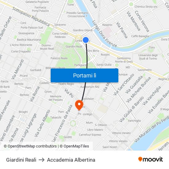 Giardini Reali to Accademia Albertina map