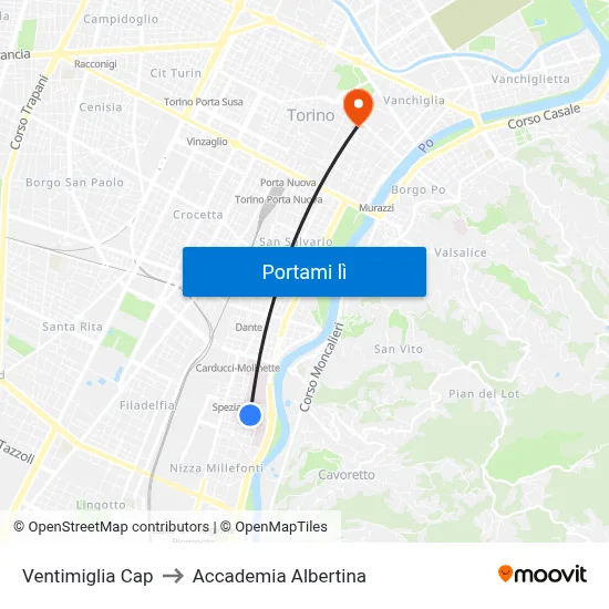 Ventimiglia Cap to Accademia Albertina map