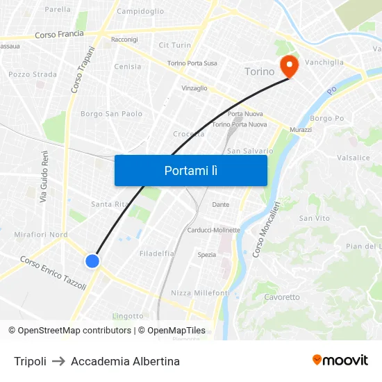 Tripoli to Accademia Albertina map