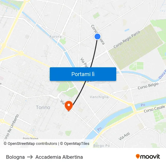 Bologna to Accademia Albertina map