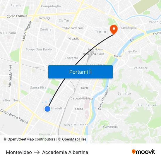 Montevideo to Accademia Albertina map