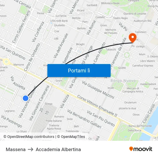 Massena to Accademia Albertina map