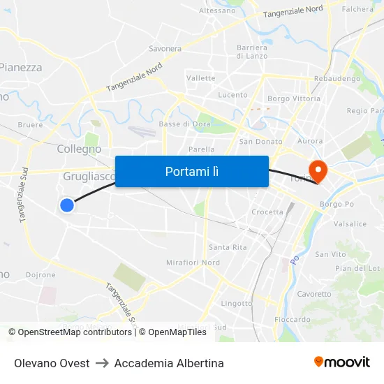 Olevano Ovest to Accademia Albertina map