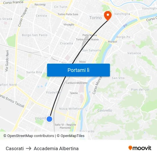 Casorati to Accademia Albertina map