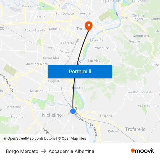 Borgo Mercato to Accademia Albertina map