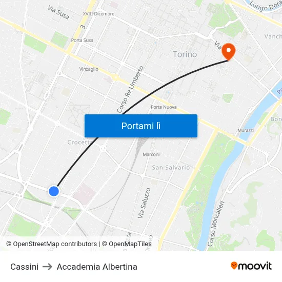 Cassini to Accademia Albertina map