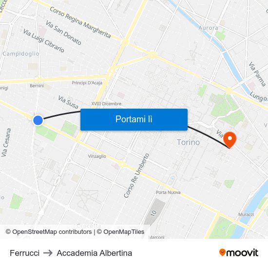 Ferrucci to Accademia Albertina map