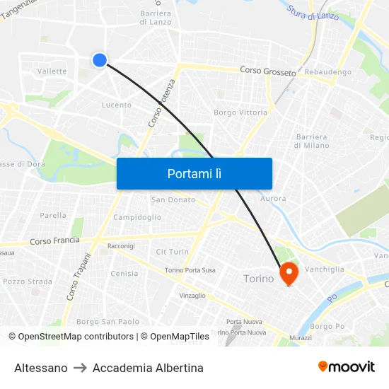 Altessano to Accademia Albertina map