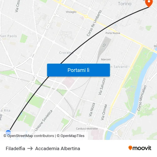 Filadelfia to Accademia Albertina map