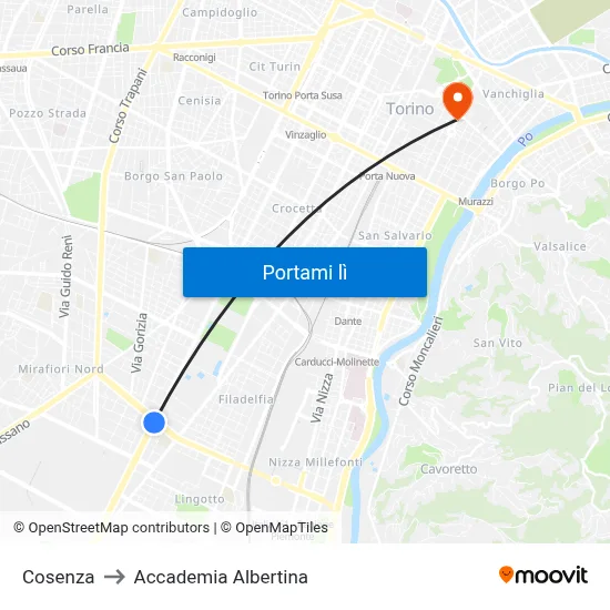 Cosenza to Accademia Albertina map