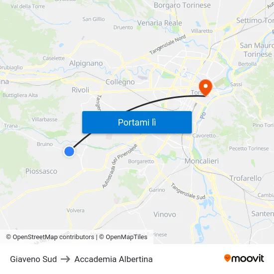 Giaveno Sud to Accademia Albertina map
