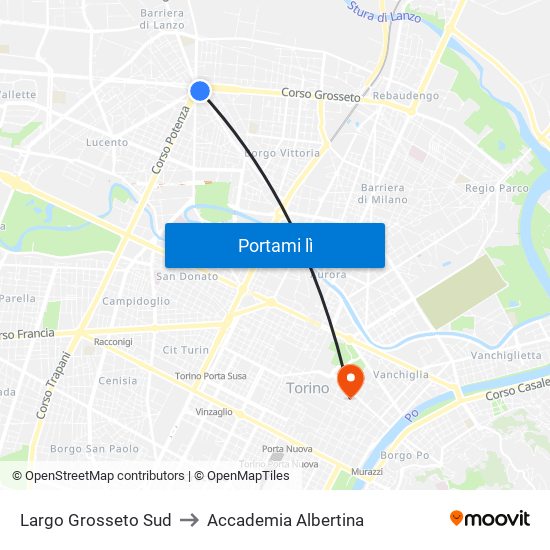 Largo Grosseto Sud to Accademia Albertina map