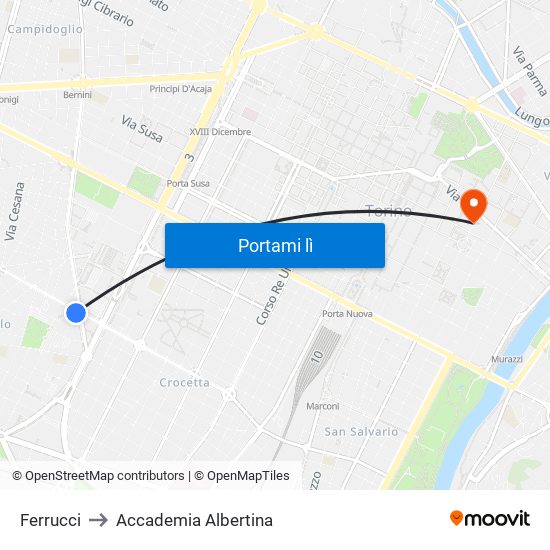 Ferrucci to Accademia Albertina map