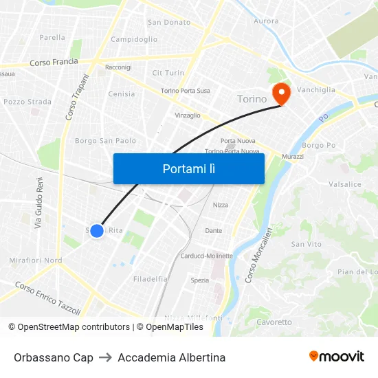 Orbassano Cap to Accademia Albertina map